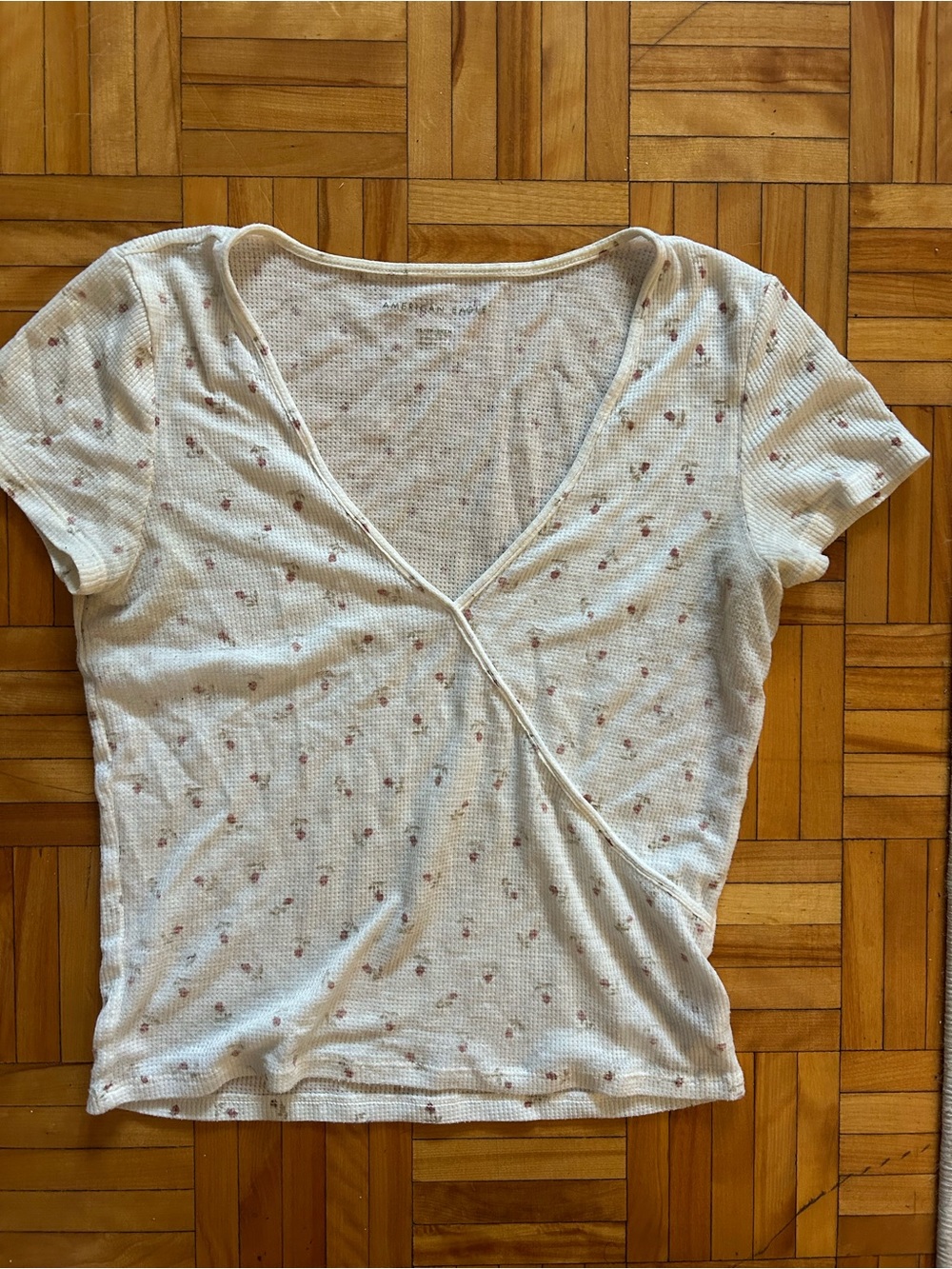 American Eagle Outfitters Cream Ribbed Wrap-Style Tee with Pink Floral Print